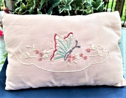 Hand Embroidery pink pillow with butterfly and flowers
