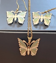 Cream and 2 tone green Butterfly necklace and earring set